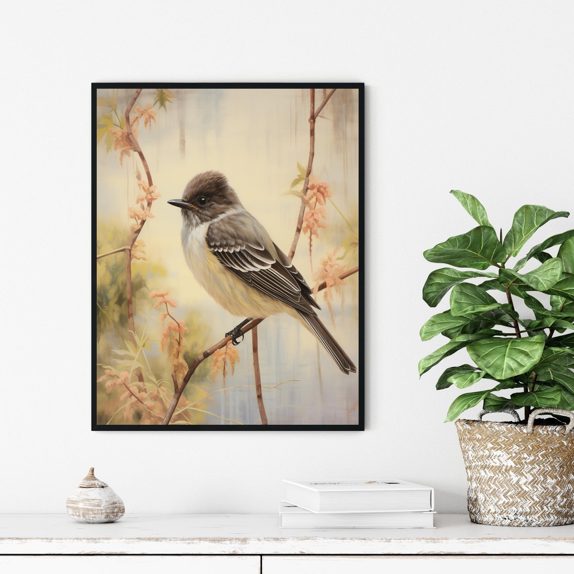 Small Gray Songbird on a Flowering Branch Soft Bird Art Poster - Image 2