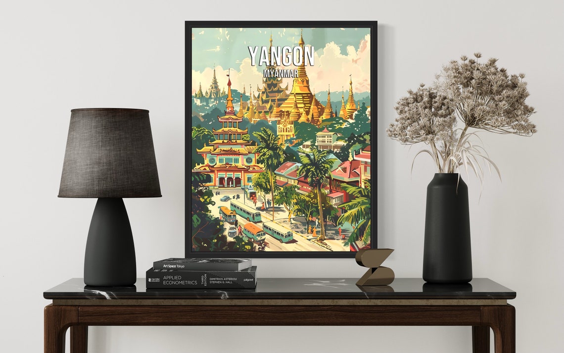 Yangon Myanmar Golden Pagodas Bustling Street Scene Travel Poster - Image 3