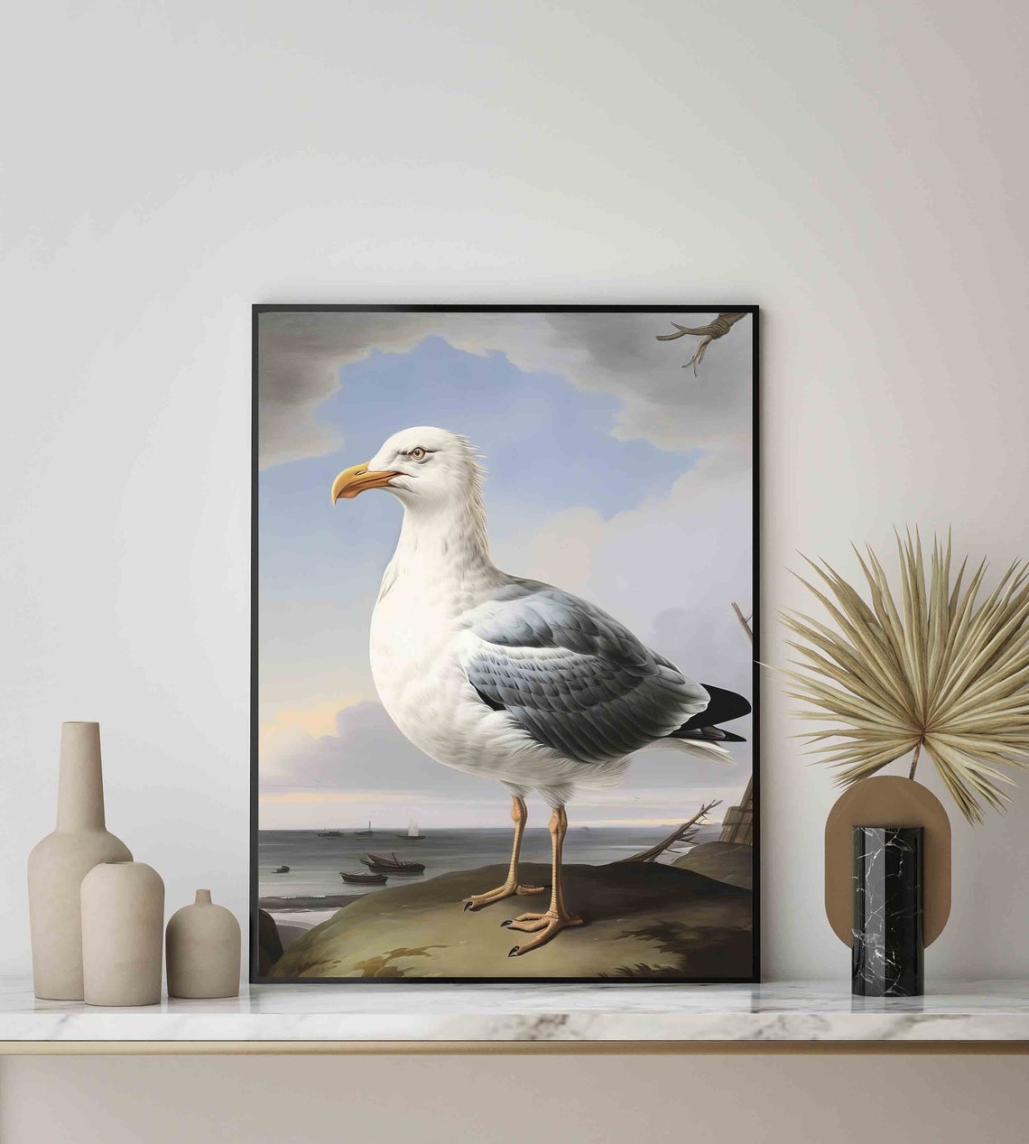 Seagull Vintage Naturalist Illustration Rocky Shore Boat Poster - Image 2