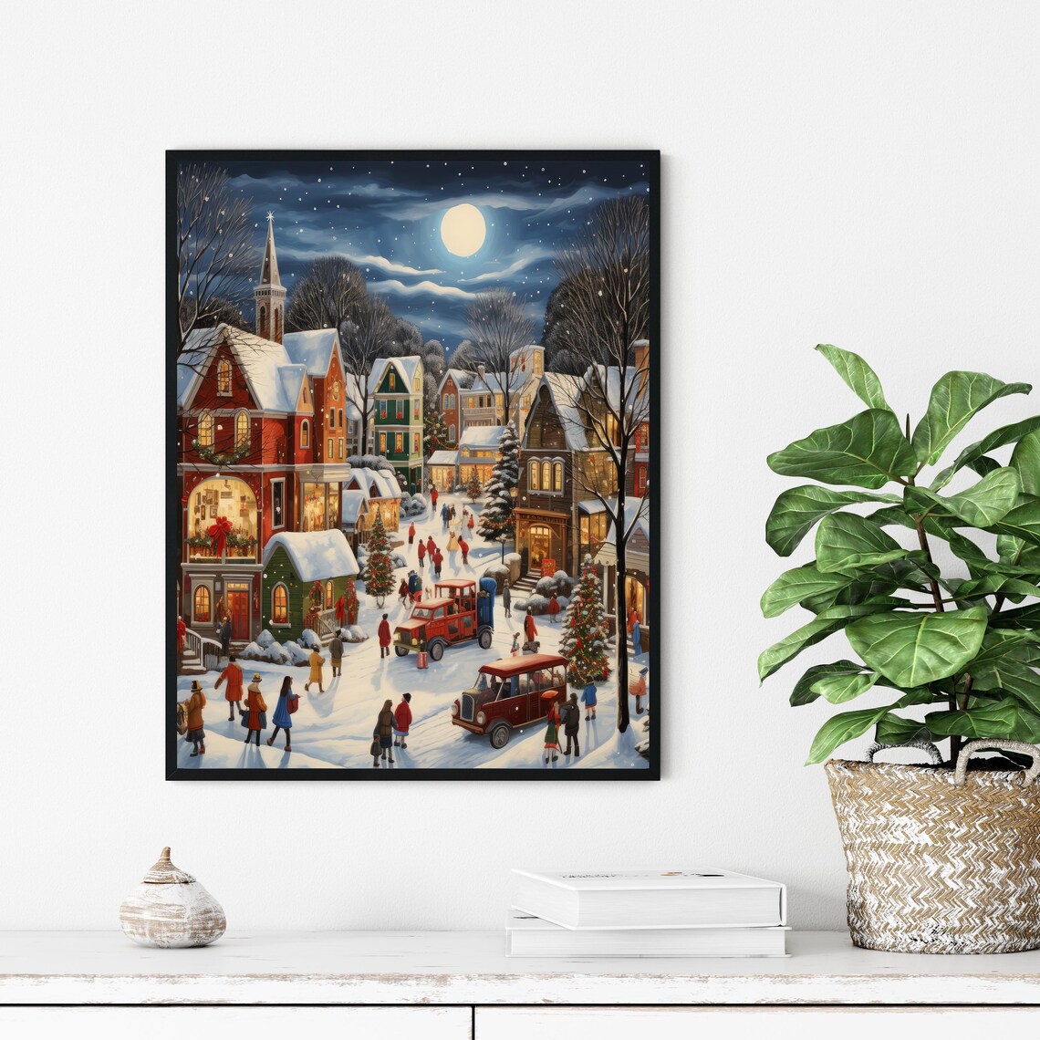 Moonlit Christmas Small Town Snowy Square Vintage Cars Poster - Image 2