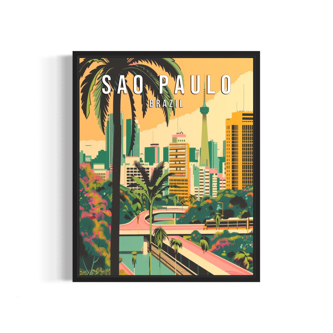 Sao Paulo Brazil Skyline Palm Trees Monorail Tropical Poster