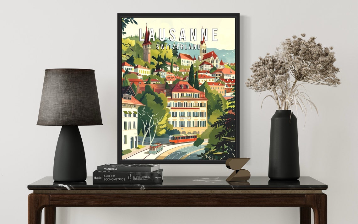 Lausanne Switzerland Vintage Travel Poster with Church Towers and Tram - Image 2