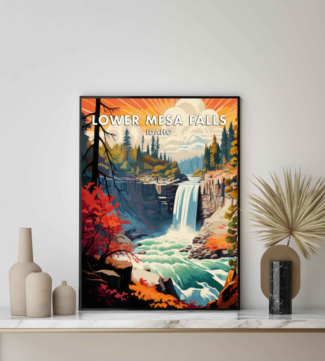 Lower Mesa Falls Idaho Sunset Basalt Canyon Cascade Travel Poster - Image 2