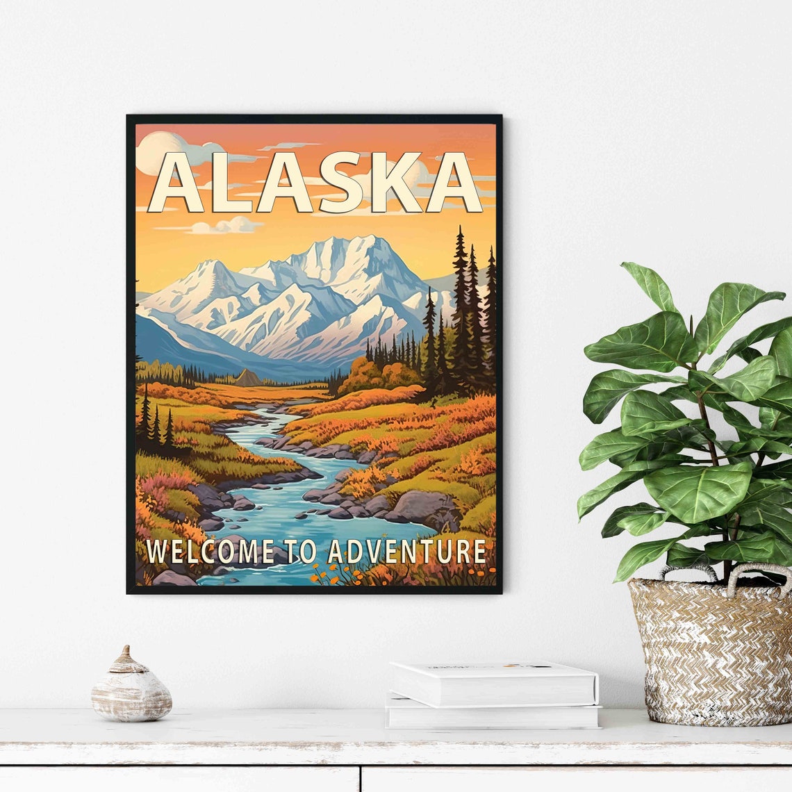 Alaska Welcome to Adventure Retro Mountain River Sunset Poster - Image 2