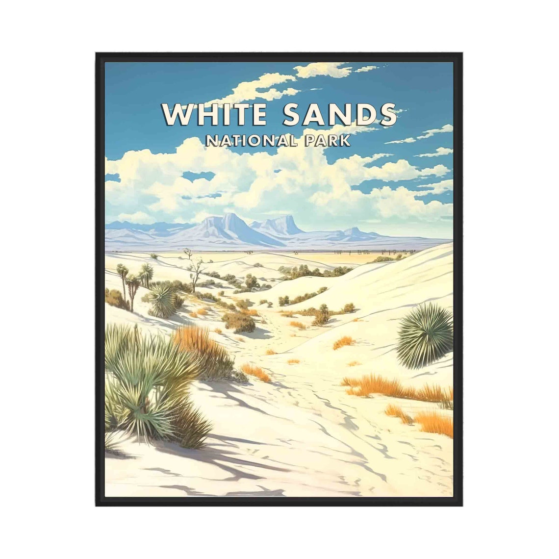 White Sands National Park Poster with Desert Dunes and Peaks
