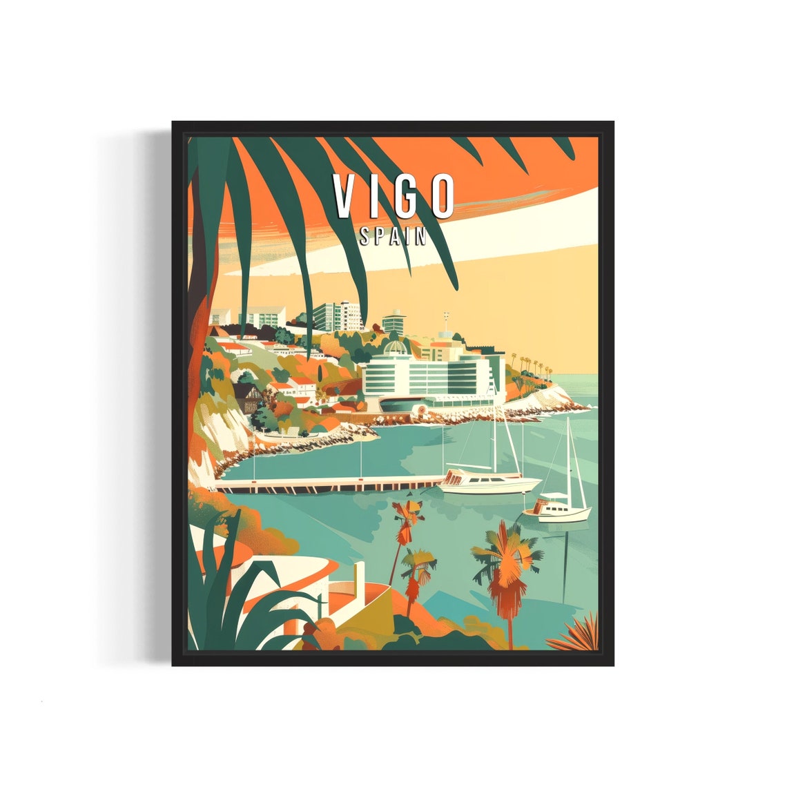 Vigo Spain Sunset Harbor Sailboats Palm Fringed Retro Travel Poster