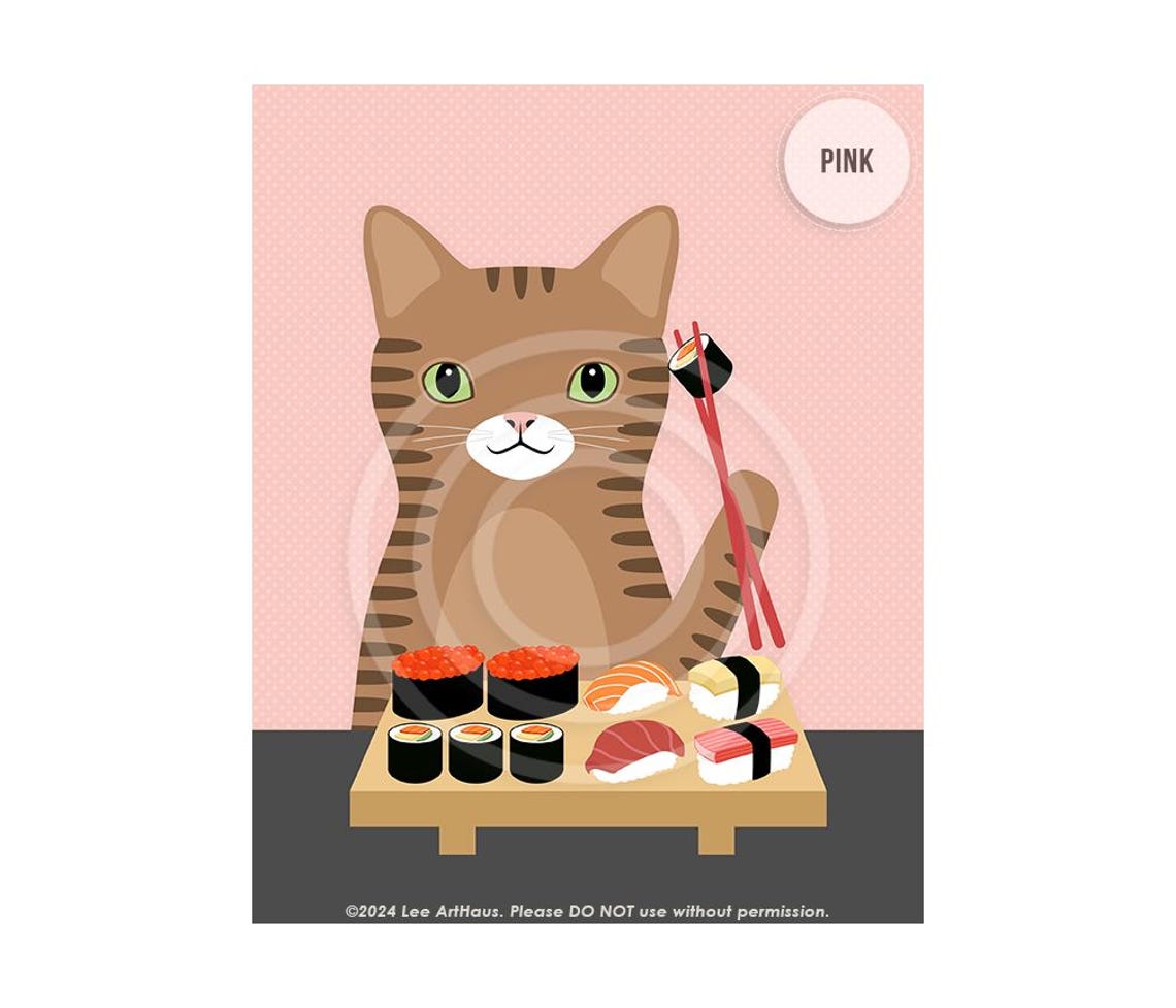 Brown Tabby Cat Eating Sushi With Chopsticks Funny Cat Art Poster - Image 6