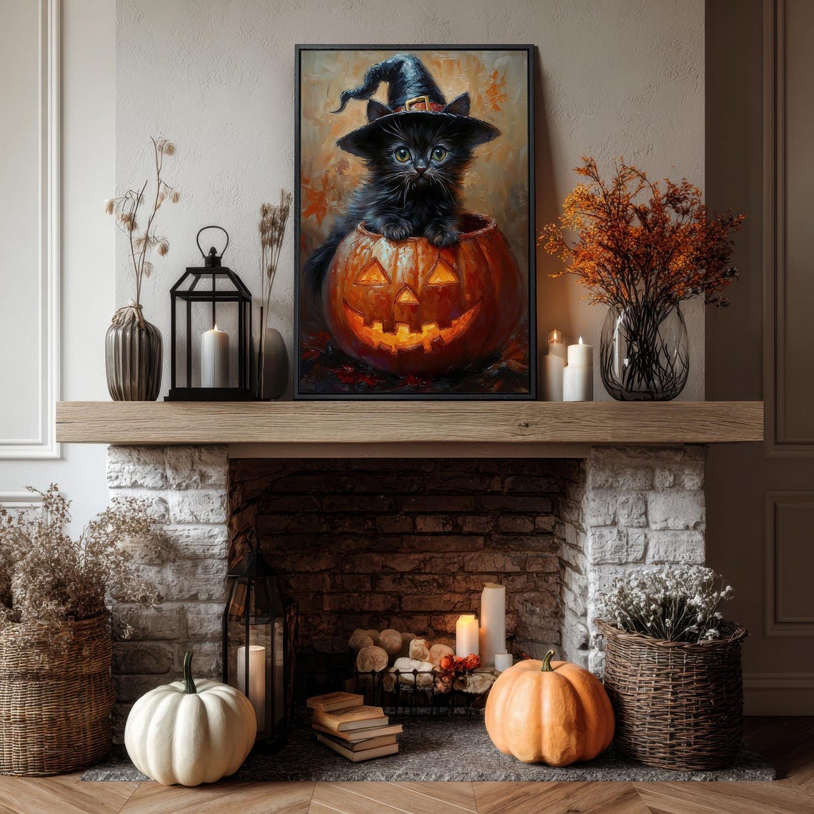 Black Kitten In Witch Hat Inside Jack-O-Lantern Halloween Cat Poster