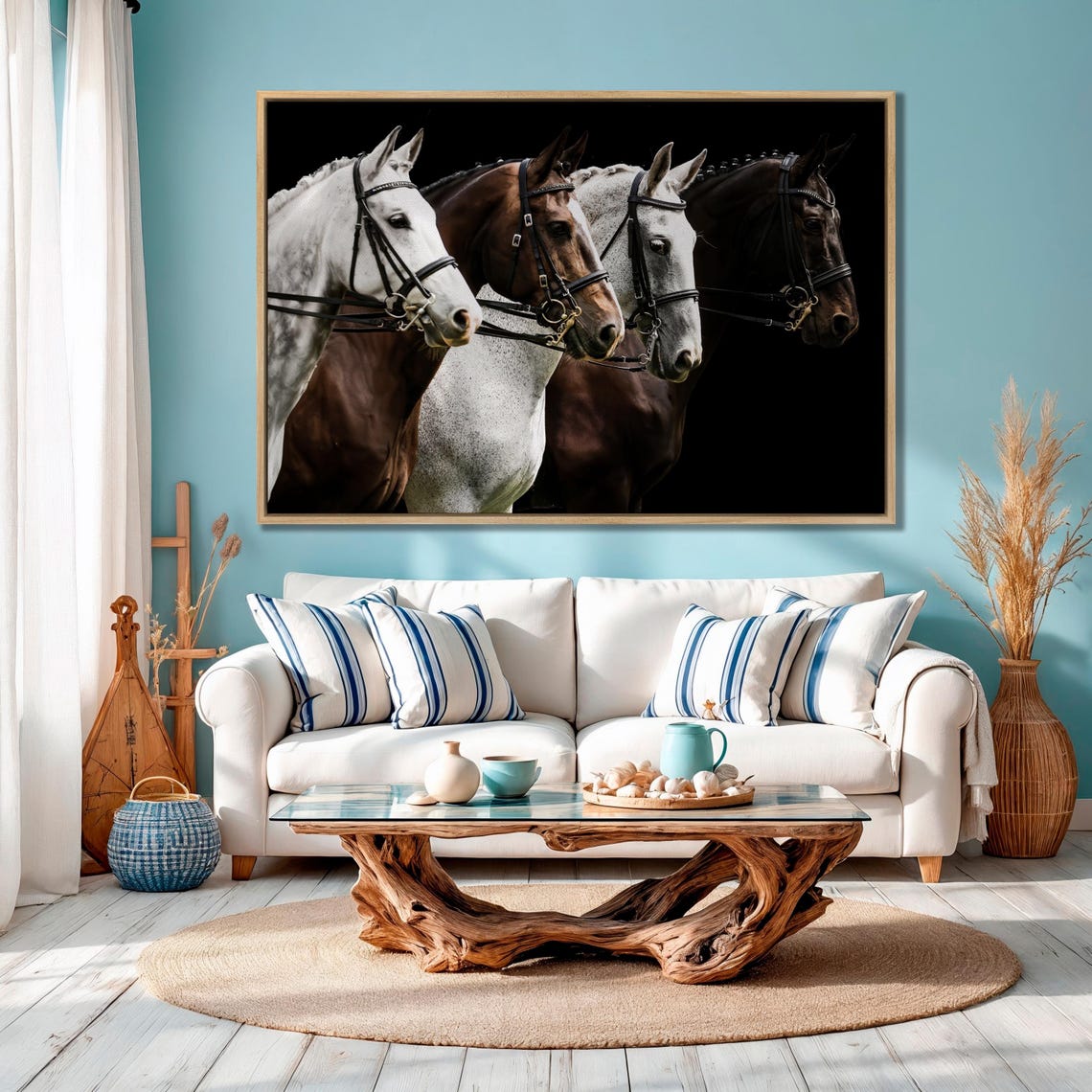Four Horses In Bridles Black Background Equestrian Team Wall Art - Image 2