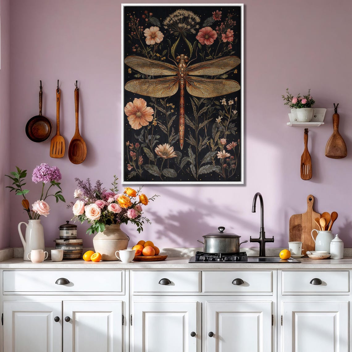 Copper Dragonfly With Soft Pink Cosmos Flowers on Black Poster - Image 3