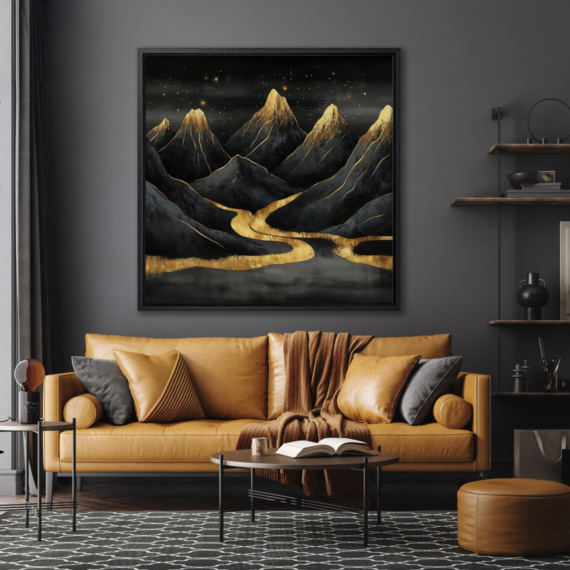 Starry Night Black Mountain Peaks with Golden River Valley Poster - Image 6