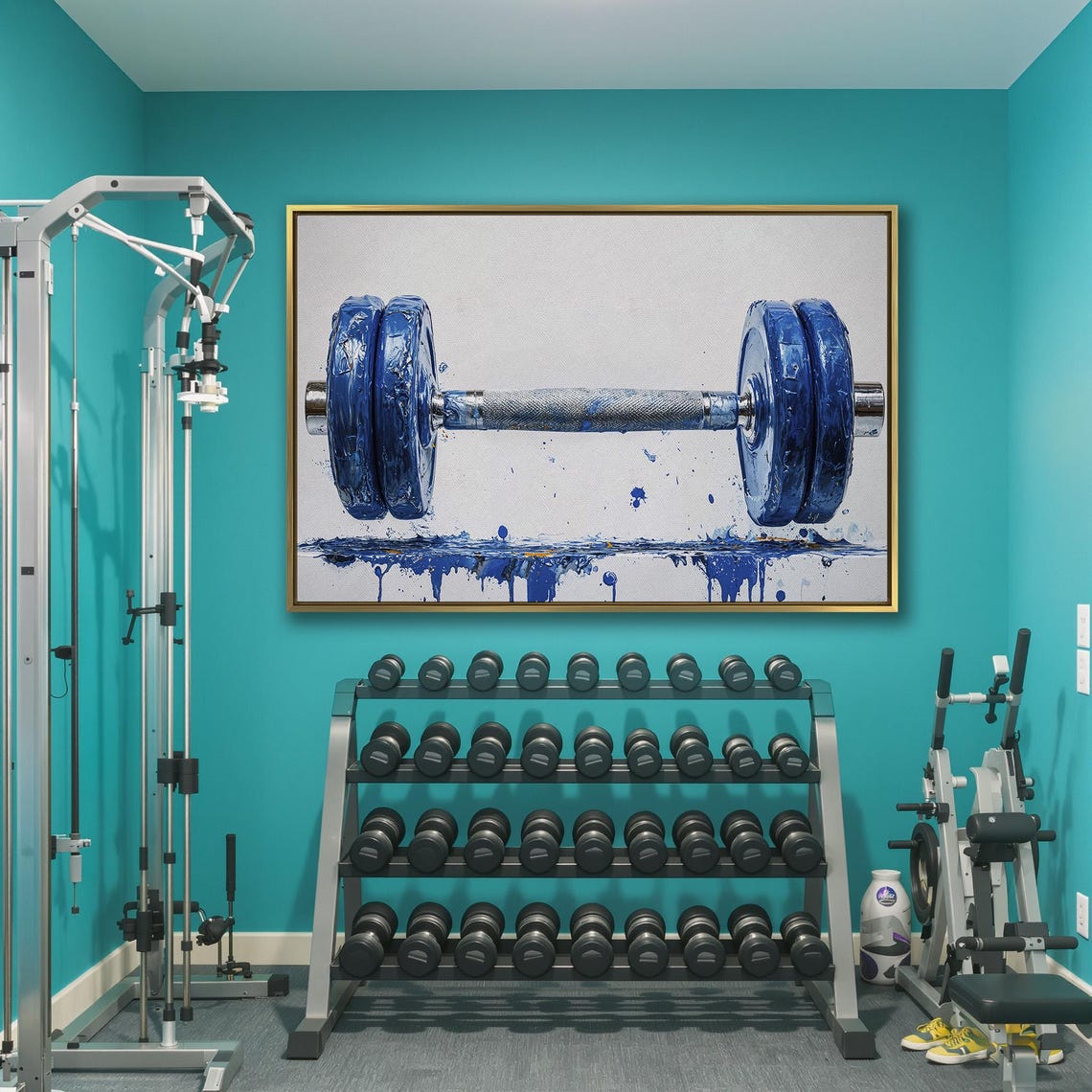 Blue Painted Dumbbell with Paint Drips on White Fitness Poster - Image 3