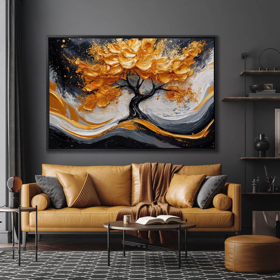 Impasto Golden Tree on Black White Swirl Dramatic Luxury Art Poster - Image 5