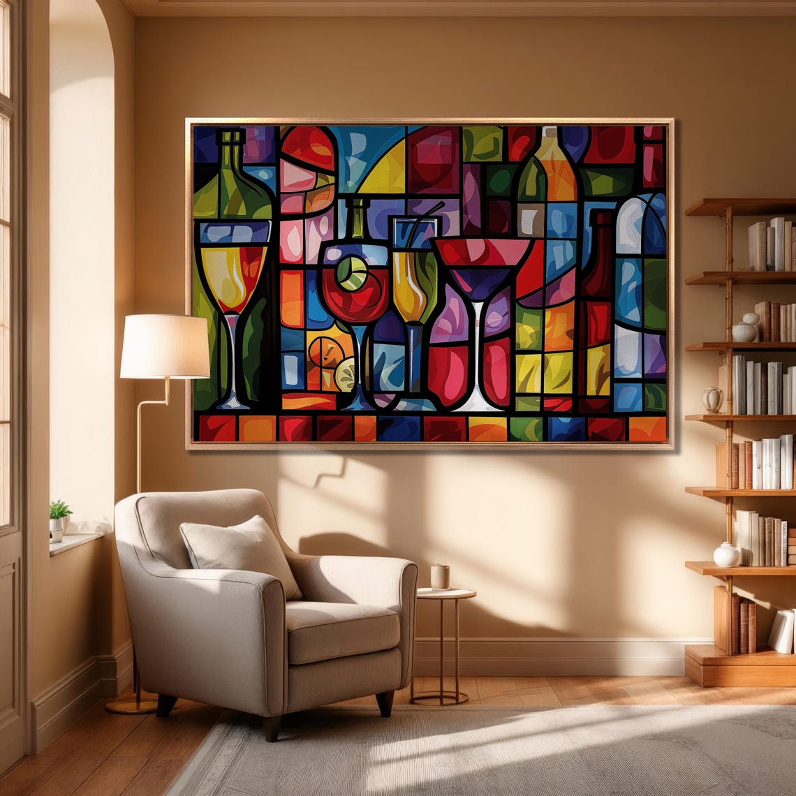 Stained Glass Cocktail Bar With Wine Bottles And Martini Print - Image 4