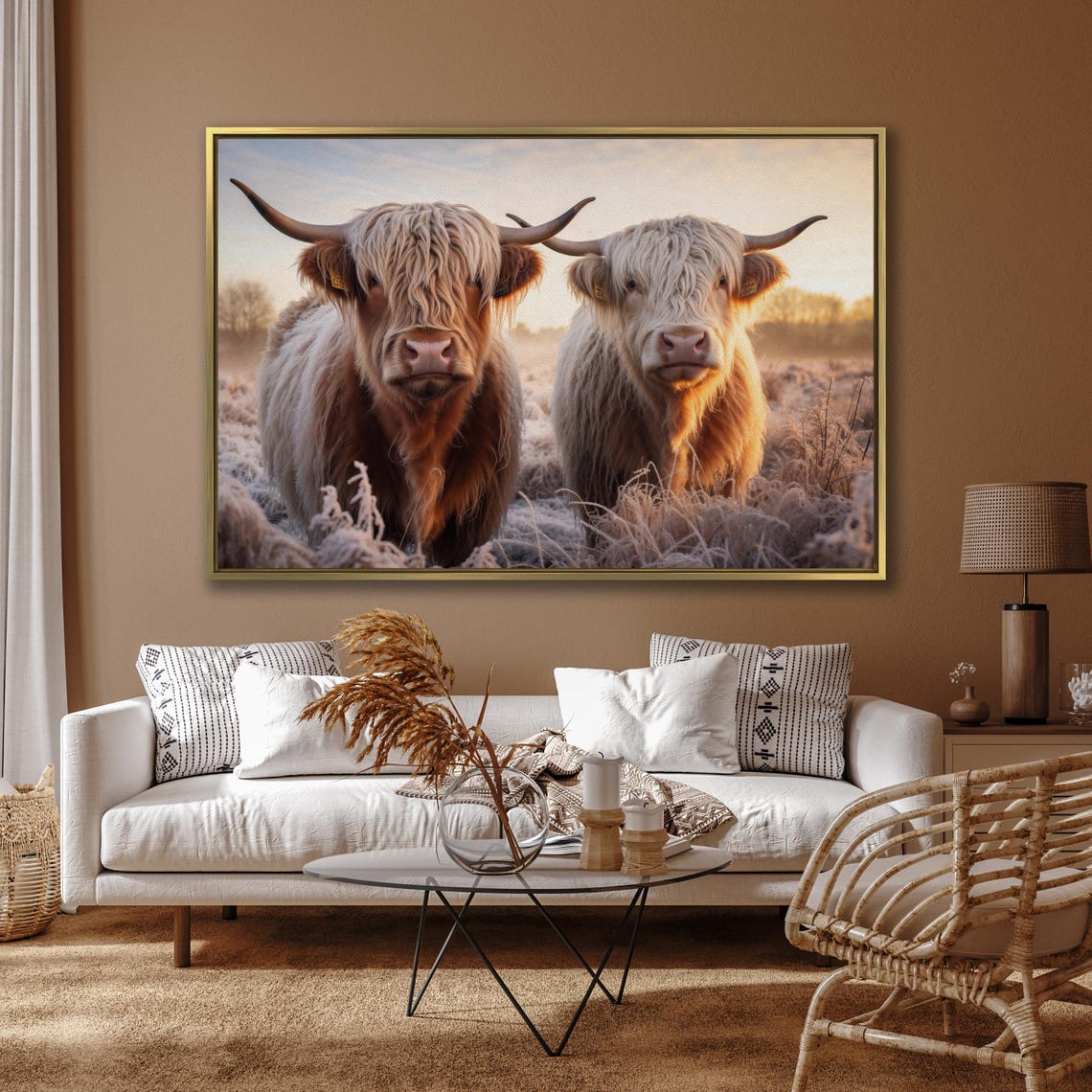 Two Highland Cows In Frosty Sunrise Field Farmhouse Wall Art - Image 2