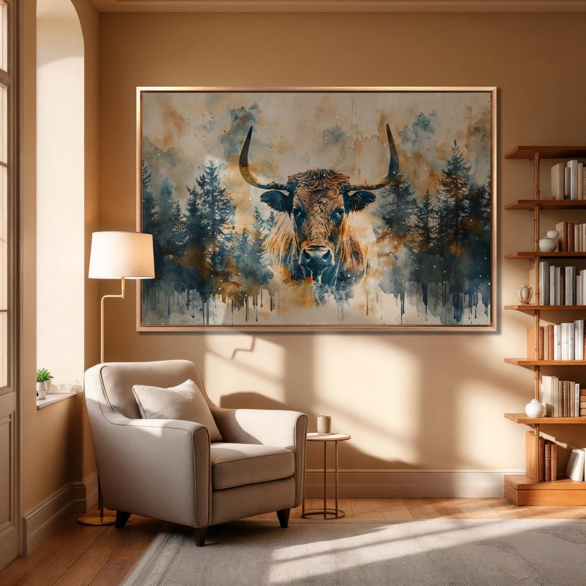 Watercolor Highland Cow Emerging From Pine Forest Wilderness Poster - Image 3