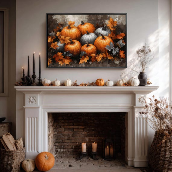 Orange And Gray Pumpkins With Autumn Leaves Moody Fall Poster