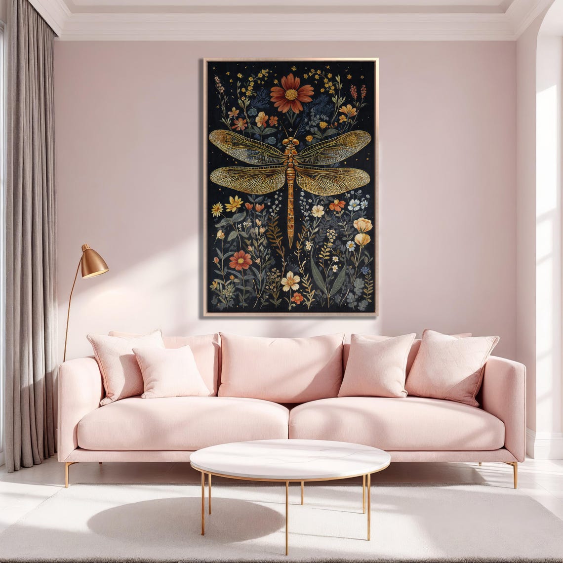 Golden Mosaic Winged Dragonfly Among Wildflowers on Black Poster - Image 5