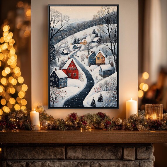 Quaint Snowy Winter Town Christmas Landscape Canvas Wall Art