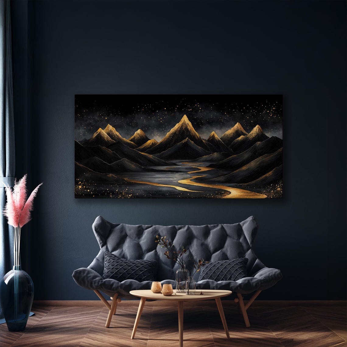 Golden Peaks and Winding River Under Starry Night Sky Art Poster - Image 5