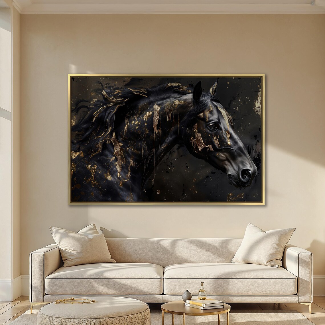 Black Horse Close Up With Gold Paint Drips Noble Equine Poster - Image 4