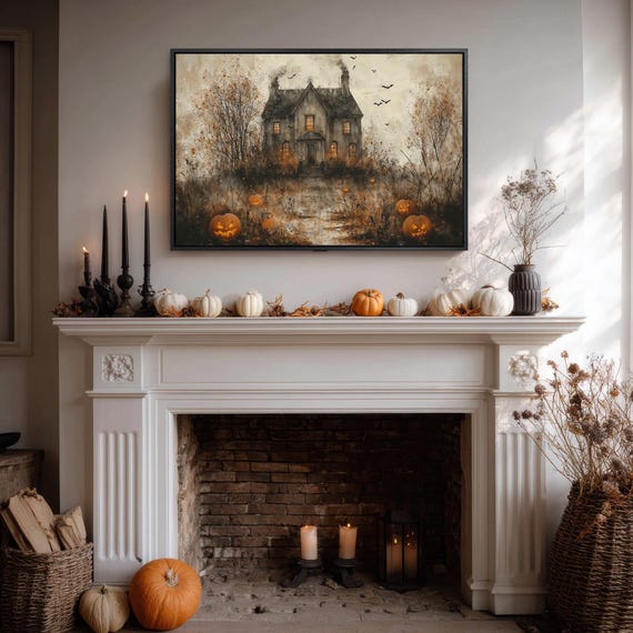 Haunted House Gothic Mansion Jack O Lanterns Halloween Art Poster