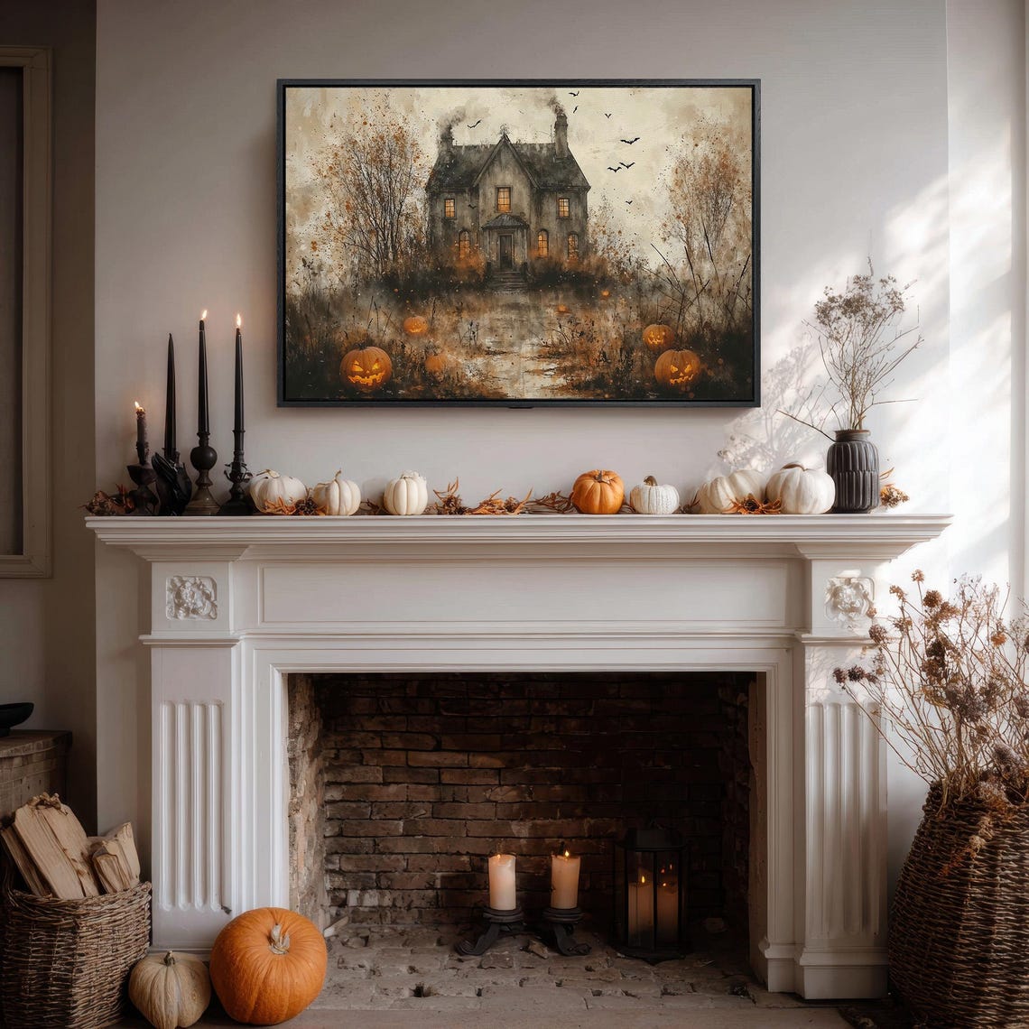 Haunted House Gothic Mansion Jack O Lanterns Halloween Art Poster