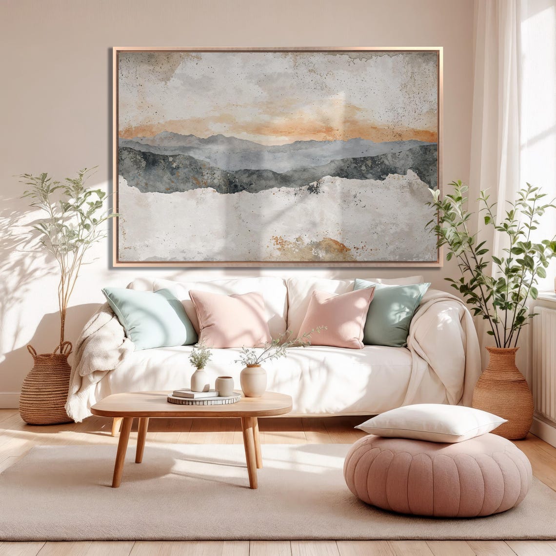 Layered Watercolor Mountain Ranges In Orange Sunset Haze Poster - Image 5