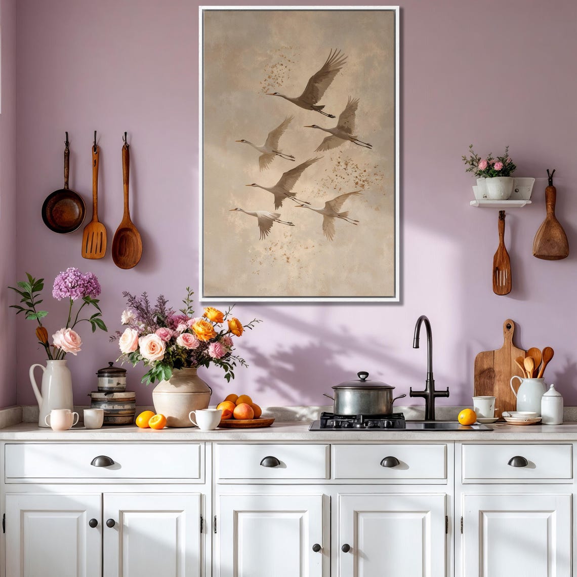 Six Cranes in Flight Sepia Tones Minimalist Bird Elegant Art Poster - Image 5