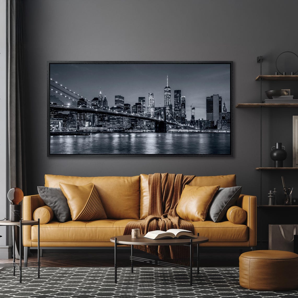 New York City Black White Brooklyn Bridge Skyline Triptych Poster - Image 5