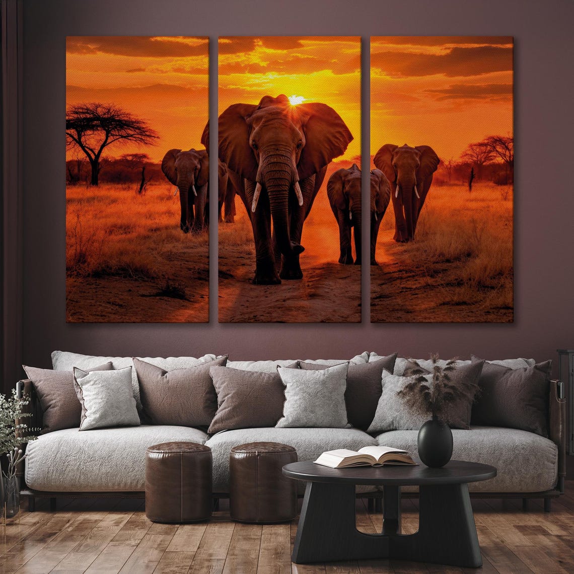African Elephants Herd Walking Sunset Savanna Wildlife Large Wall Art - Image 6