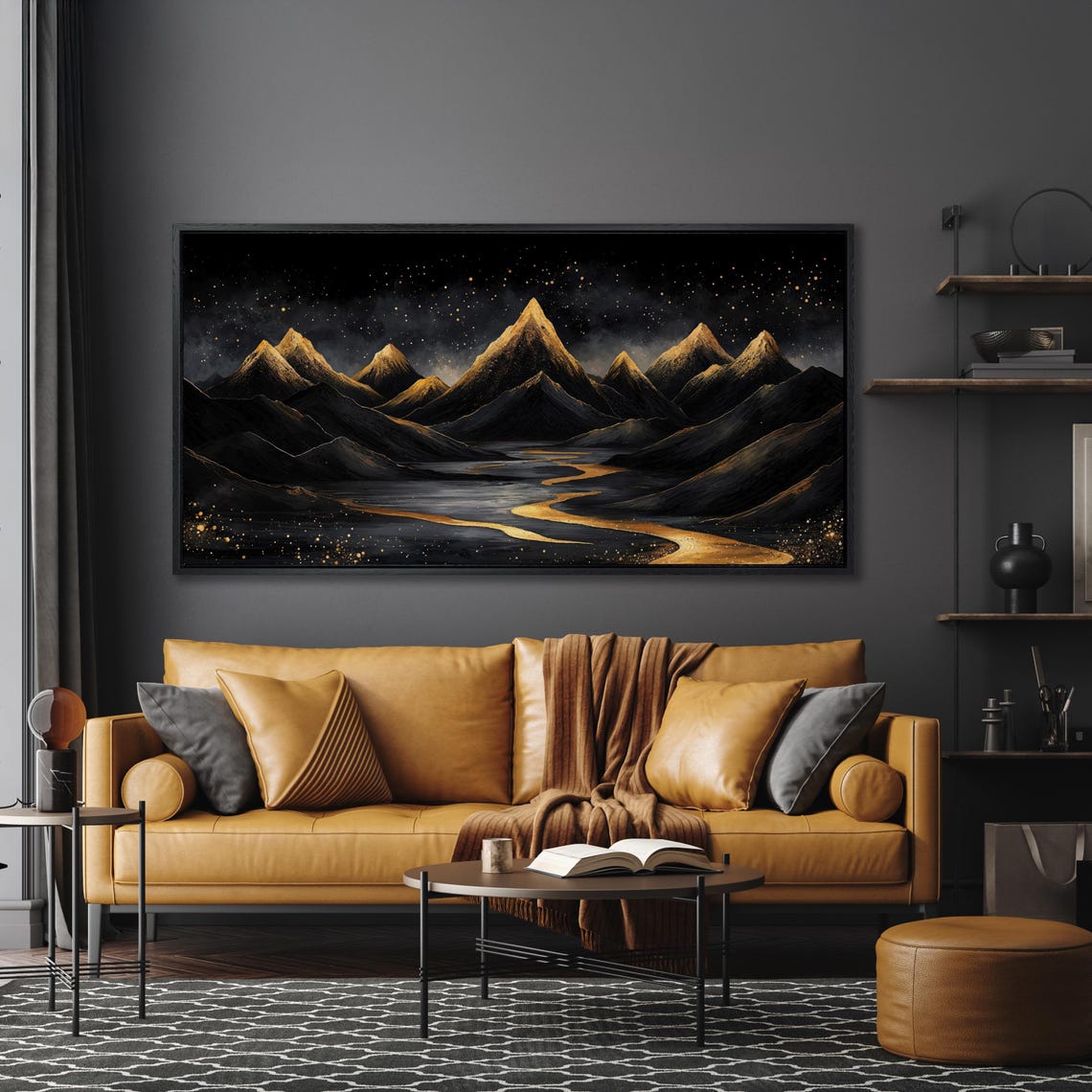 Golden Peaks and Winding River Under Starry Night Sky Art Poster - Image 4