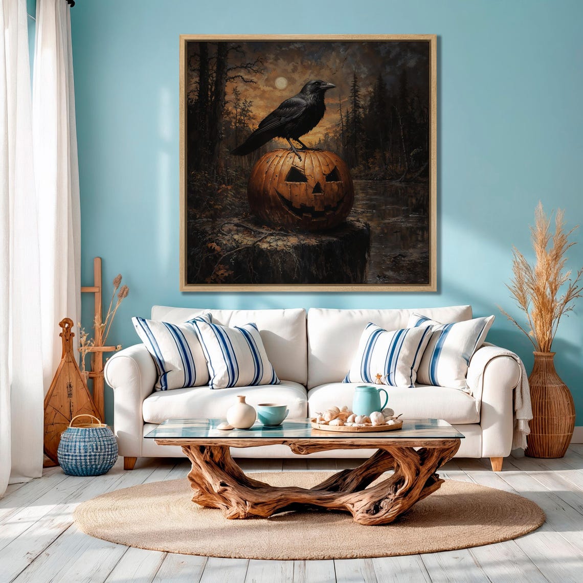 Halloween Crow Perched On Jack O Lantern Moonlit River Poster - Image 3