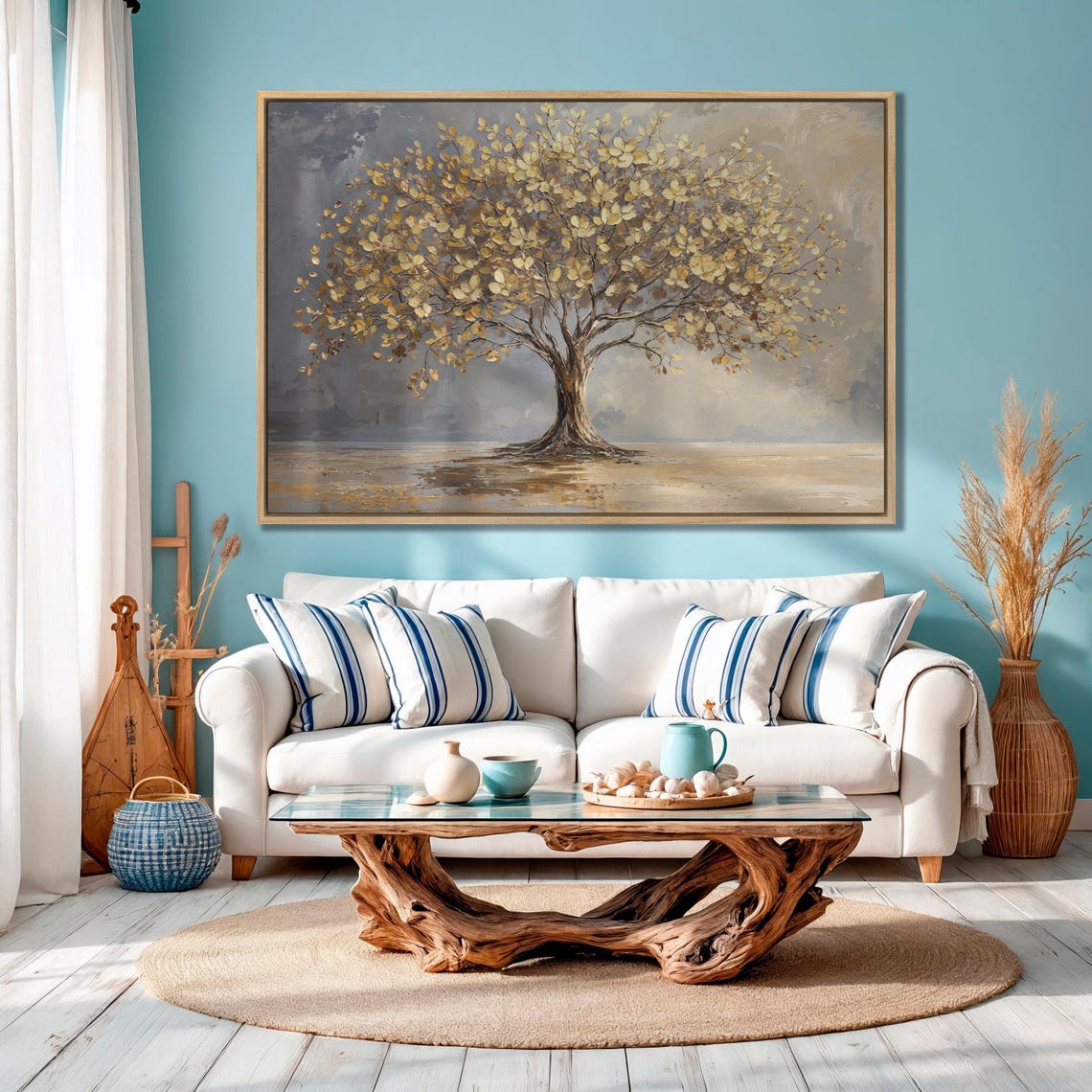 Golden Leaf Tree Standing Alone On Misty Gray Abstract Wall Art - Image 2