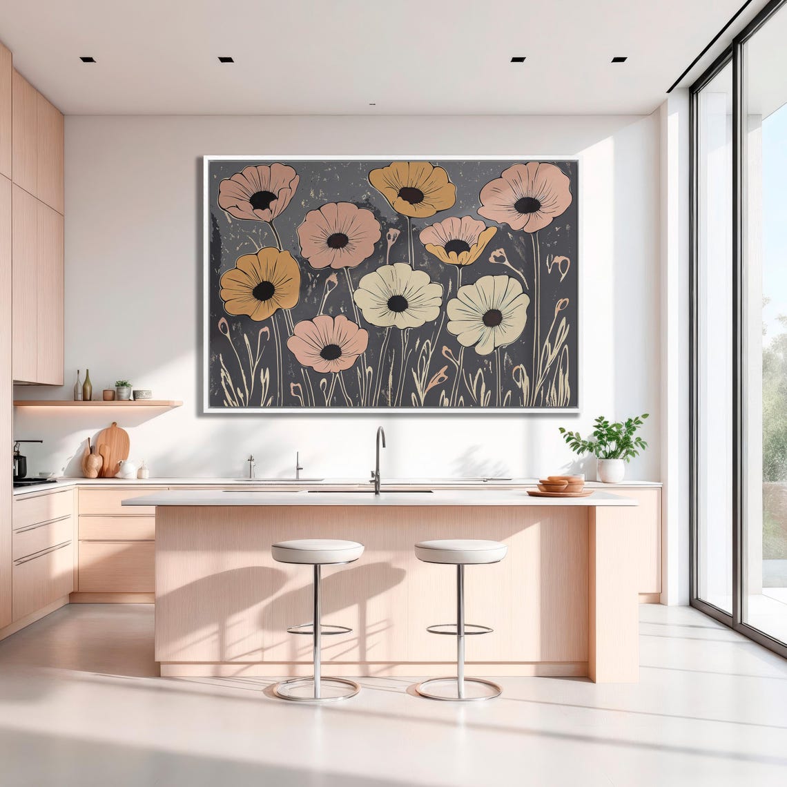 Modern Retro Poppy Blooms In Coral Gold On Black Floral Poster - Image 3