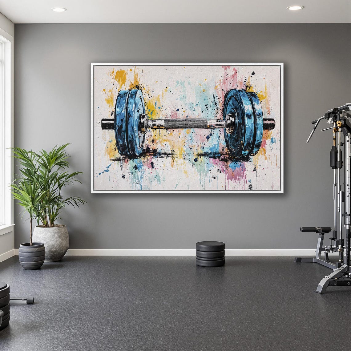 Watercolor Barbell With Blue Plates Paint Splatter Gym Poster - Image 5