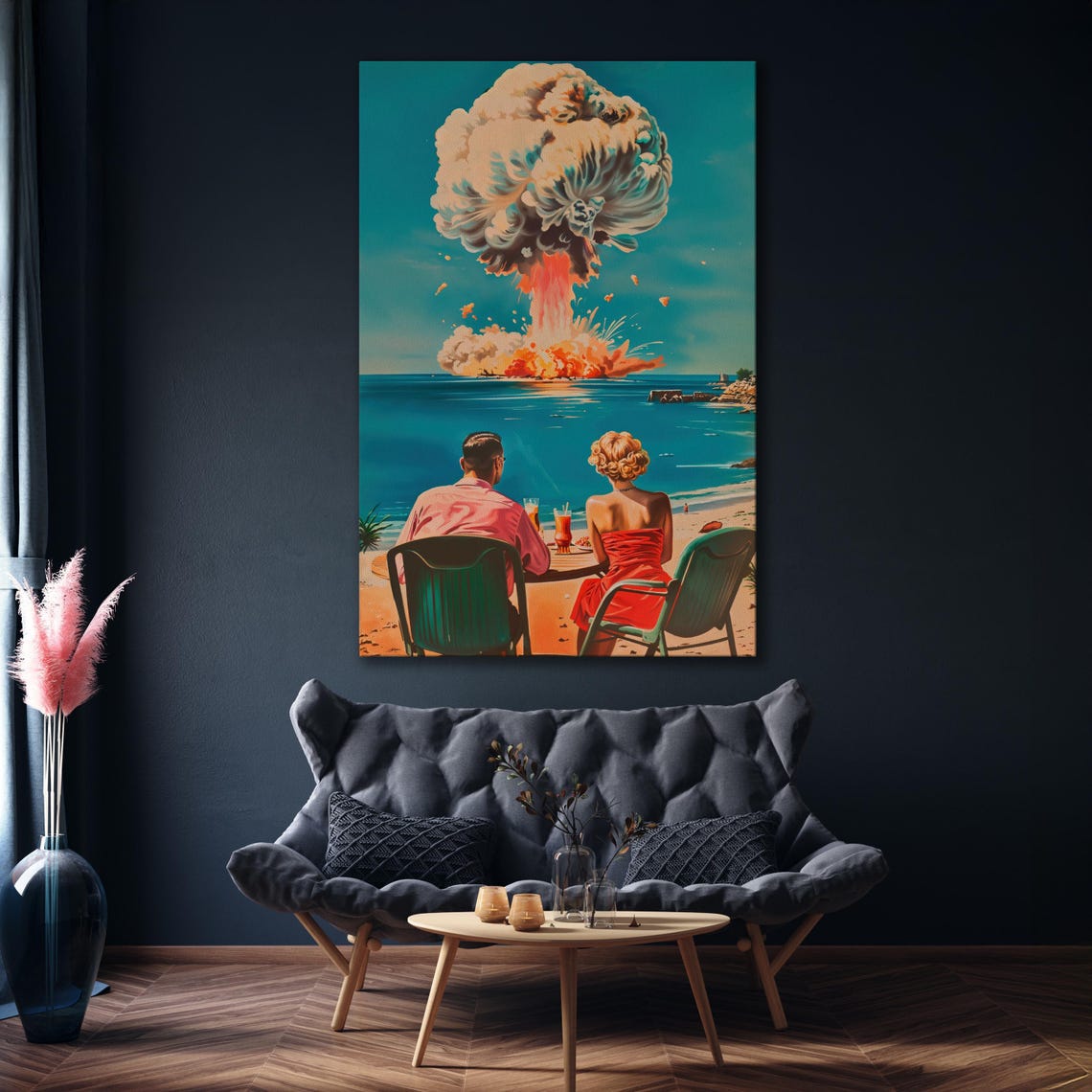 Surreal Retro Couple Watching Beach Mushroom Cloud Art Poster - Image 2