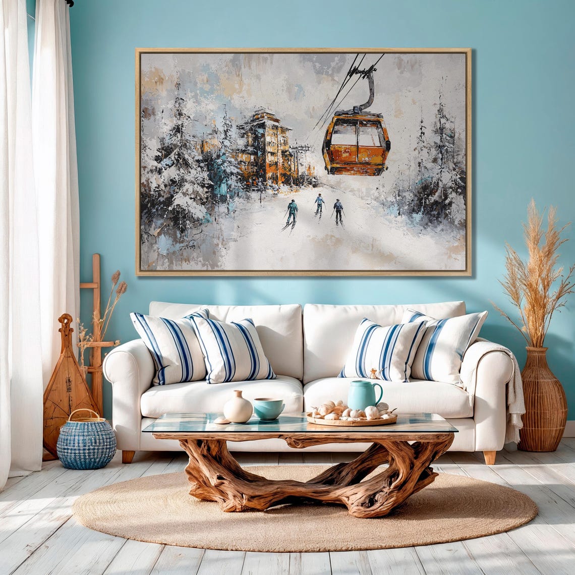 Orange Gondola and Skiers with Snowy Village Soft Winter Poster - Image 4