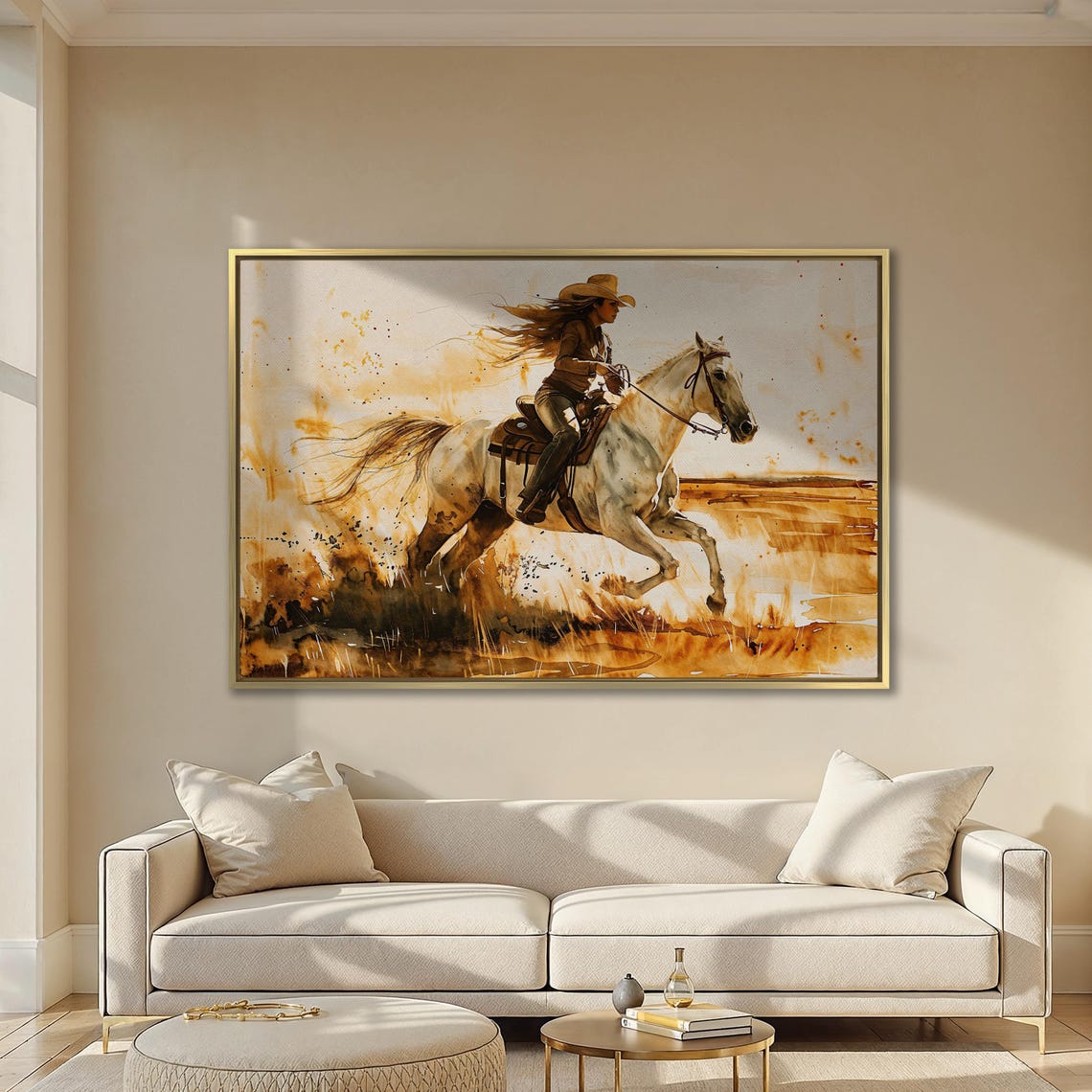 Cowgirl Galloping White Horse Across Prairie Watercolor Poster - Image 3