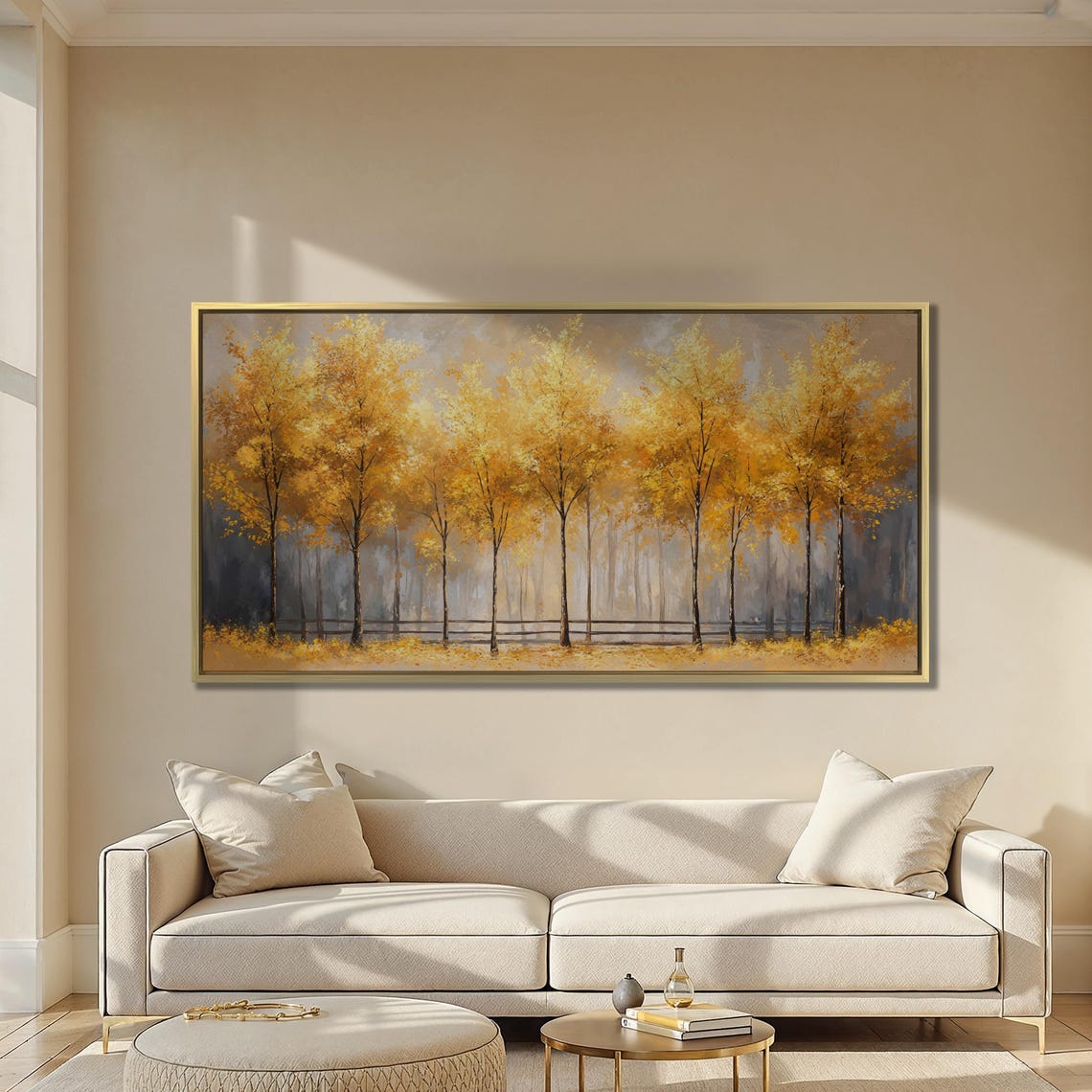 Golden Autumn Trees Row in Misty Gray Forest Elegant Art Poster - Image 5
