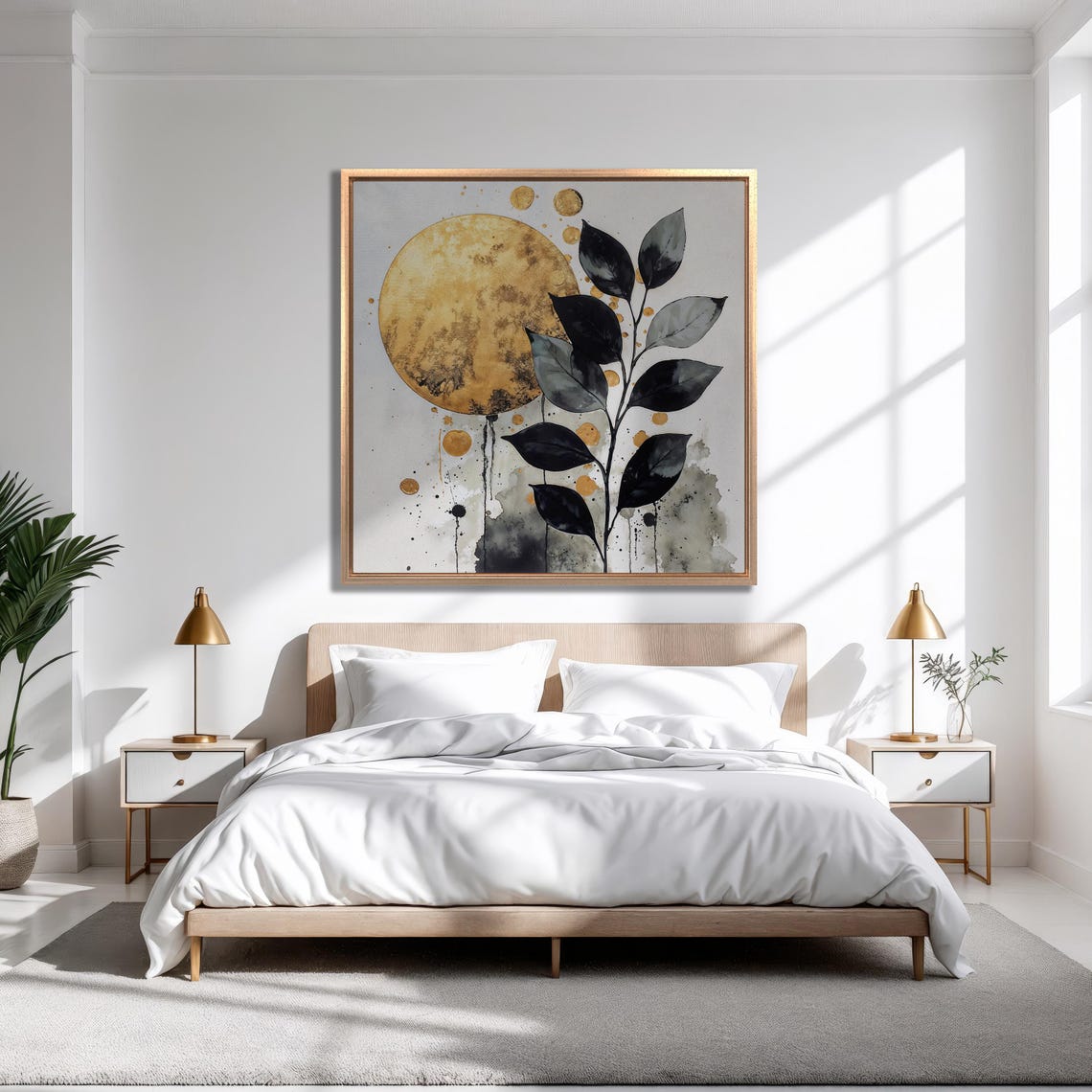 Gold Full Moon With Black Watercolor Leaves Botanical Poster - Image 3