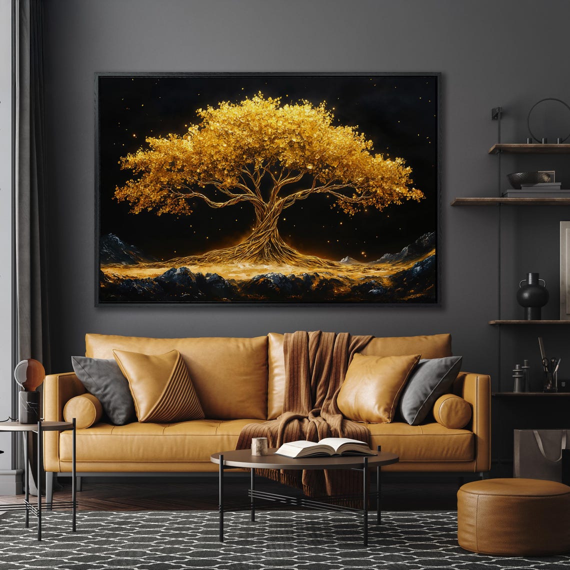 Golden Tree of Life Under Starry Night Sky Mystical Art Poster - Image 5