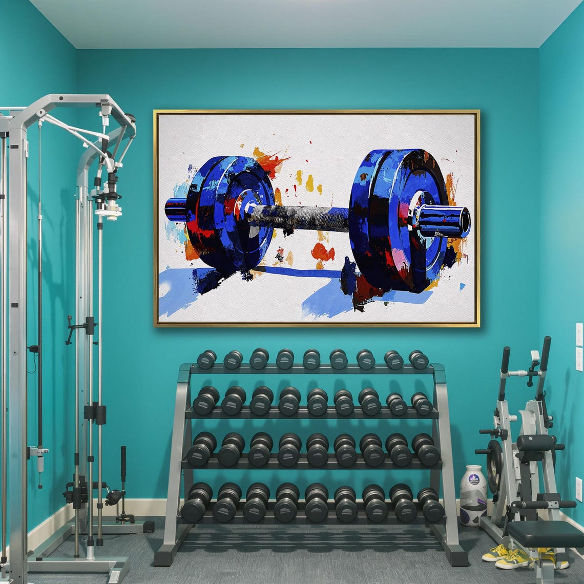 Dramatic Close Up Blue Dumbbell With Bold Paint Splashes Gym Poster - Image 3