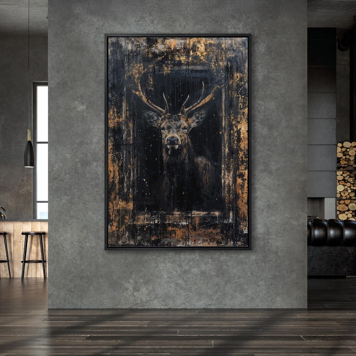 Dark Abstract Stag Portrait Gold Splatter Moody Deer Painting Poster - Image 6