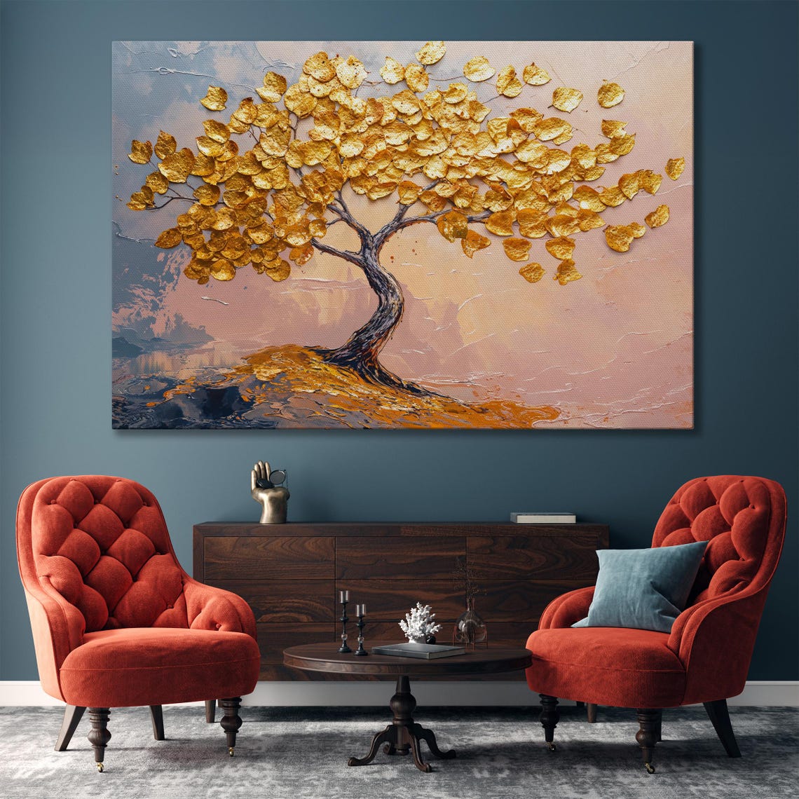 Gold Leaf Tree with Twisted Trunk Pastel Nature Elegant Art Poster - Image 4