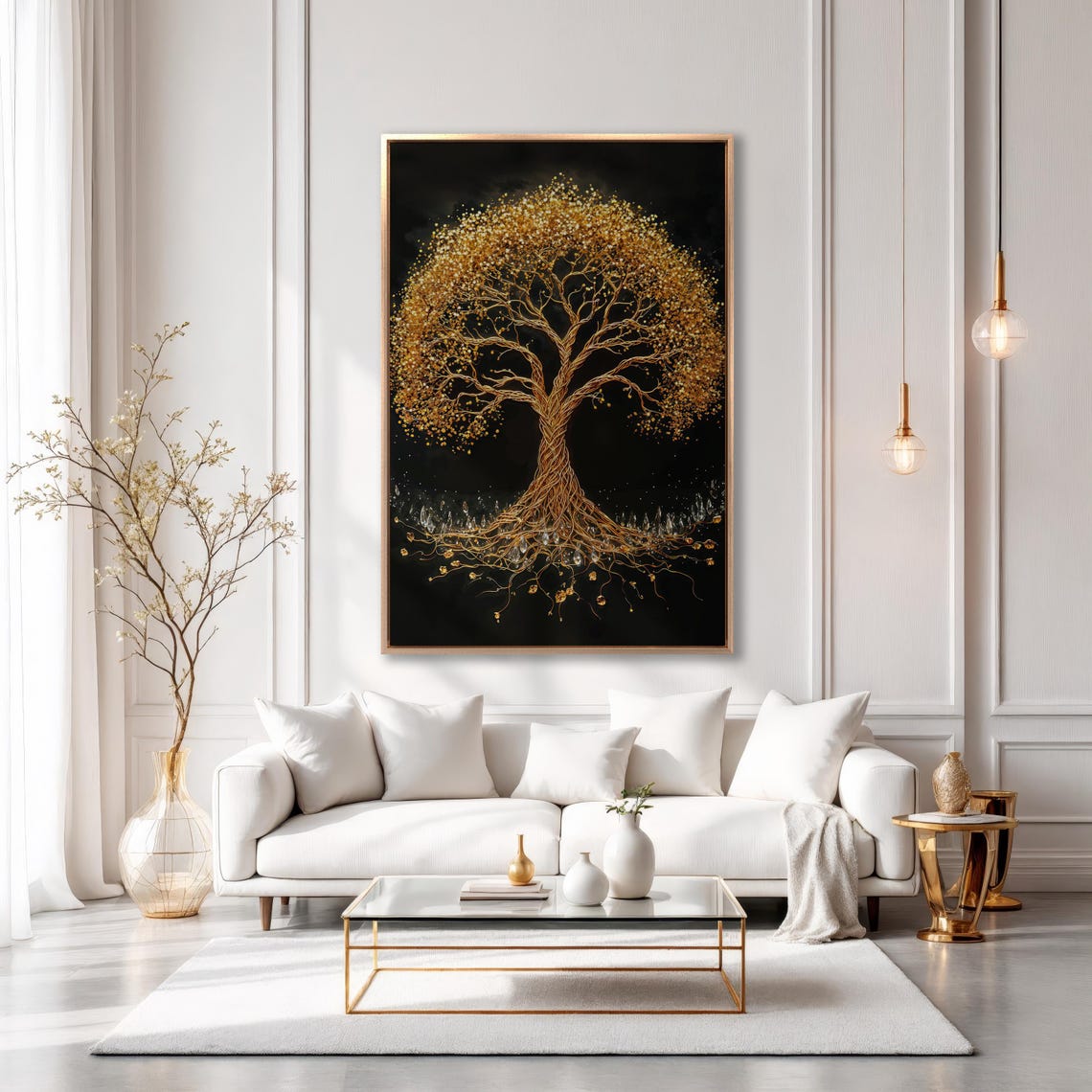 Golden Tree of Life with Crystal Roots on Black Elegant Art Poster - Image 5