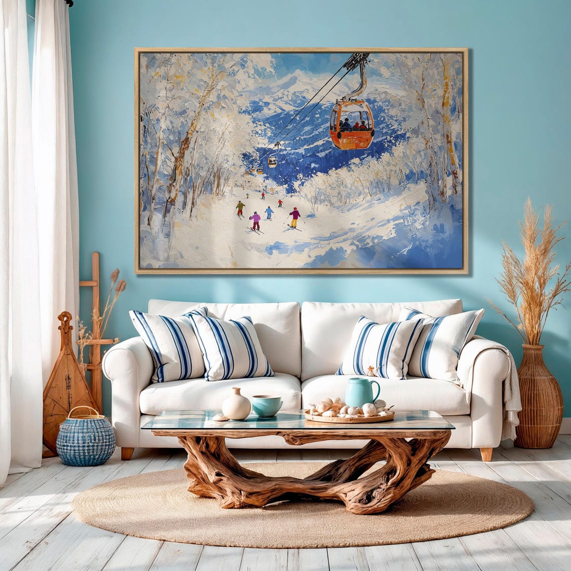 Skiers on Sunny Slope Under Orange Gondola Mountain Ski Poster - Image 4