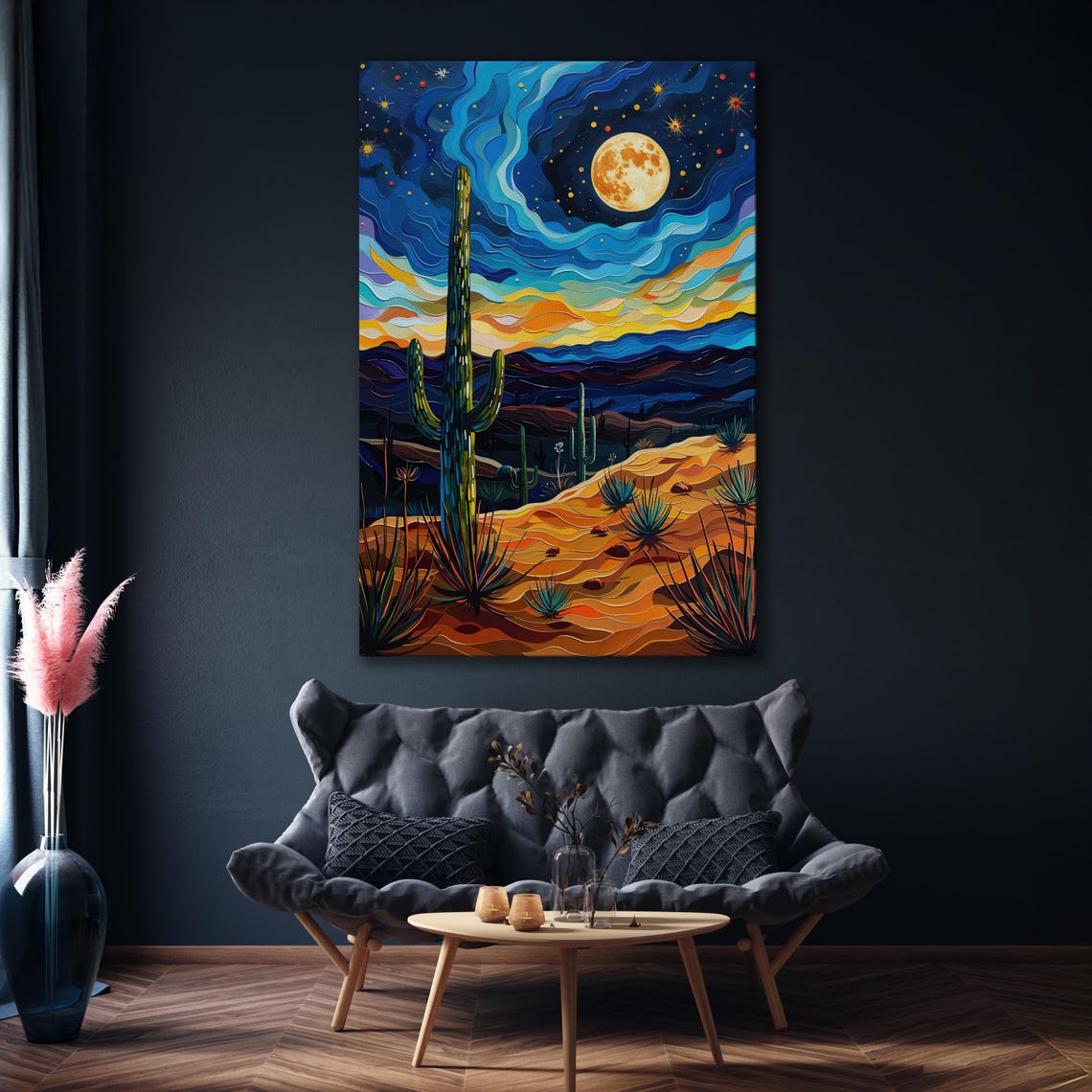 Starry Desert Night Swirling Sky Cactus Full Moon Painting Poster - Image 4