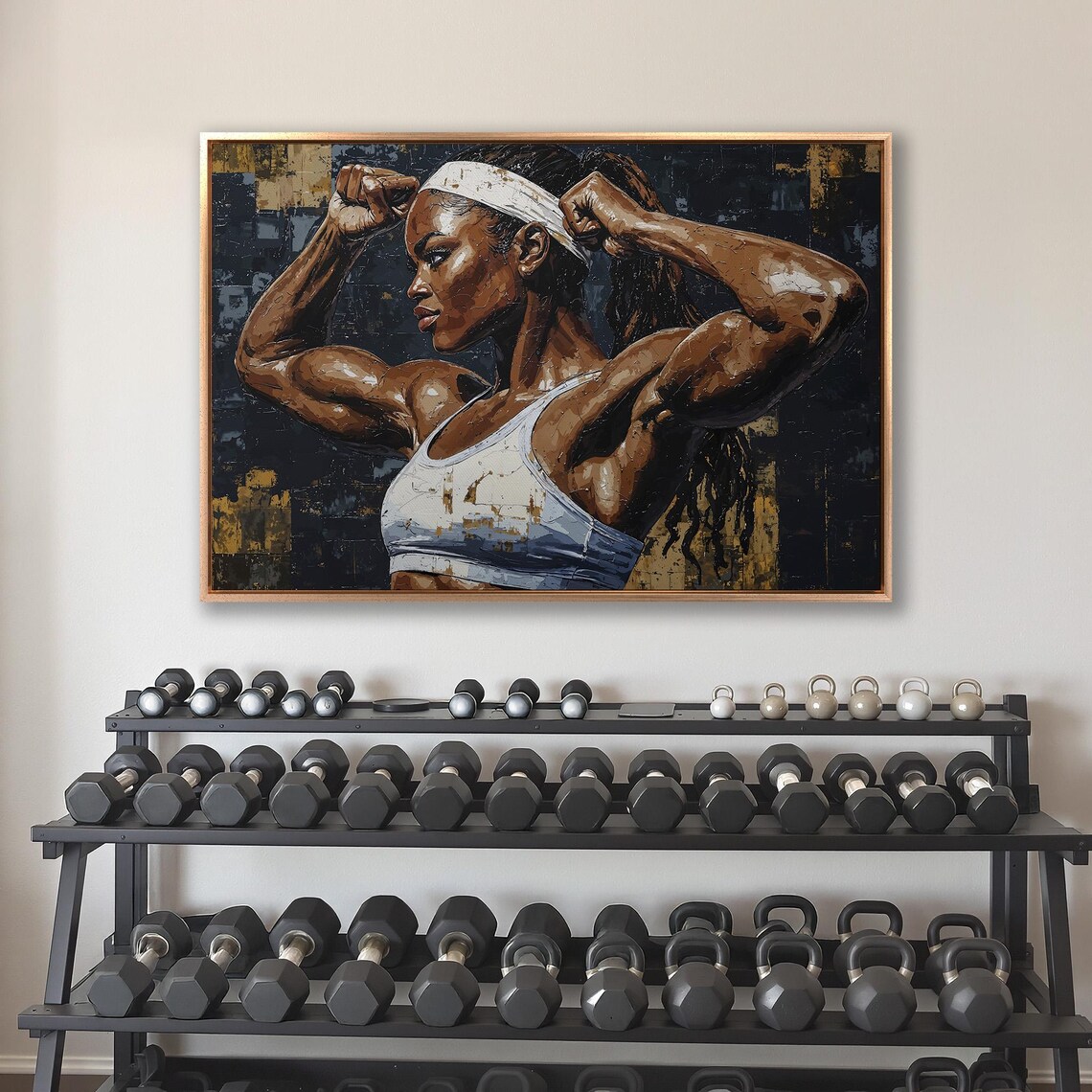 Powerful Woman Flexing with White Headband Dark Gold Fitness Poster - Image 4