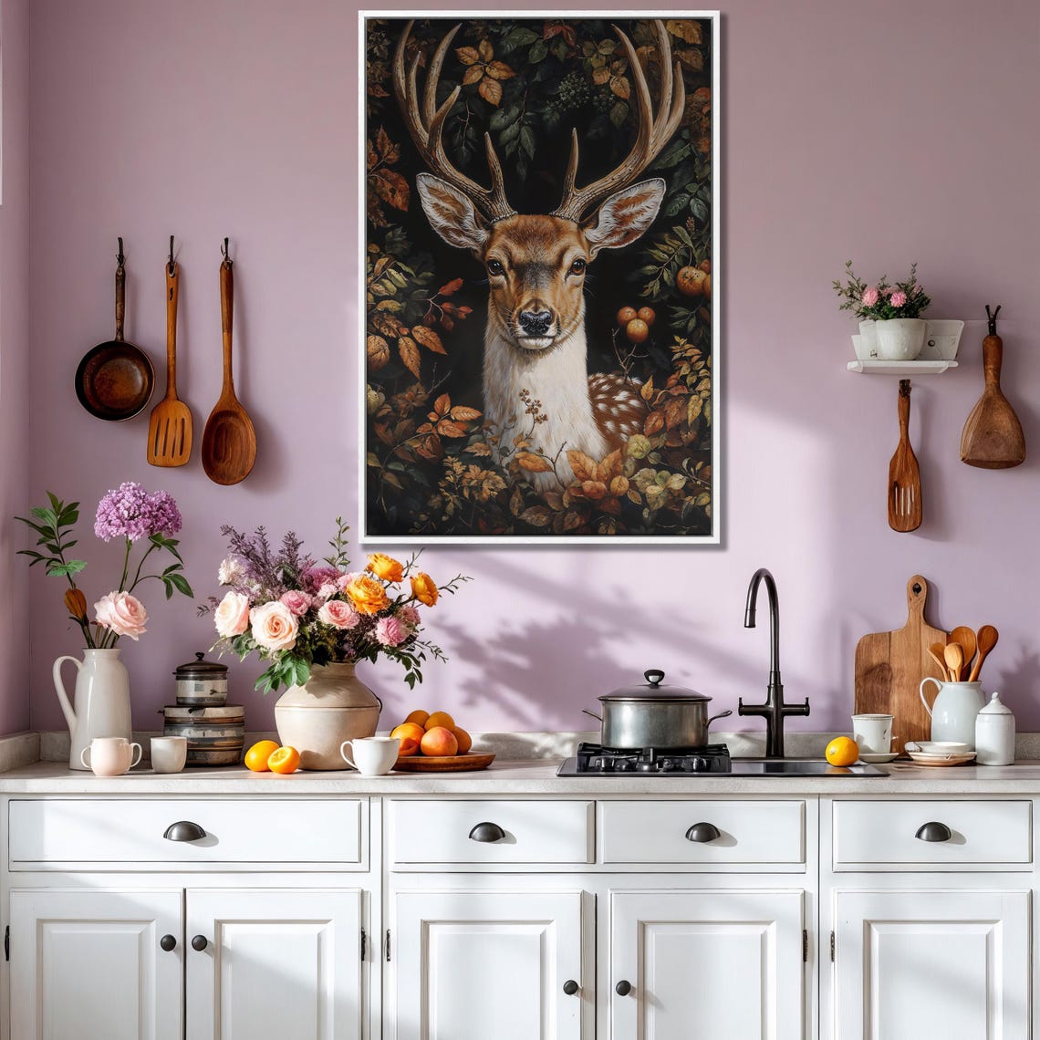 Noble Deer Buck Portrait Among Autumn Leaves on Dark Art Poster - Image 3
